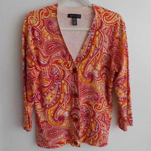Cable & Gauge Cardigan - Large - Paisley - Orange Red Yellow - Vneck Silk (486) - Picture 1 of 5